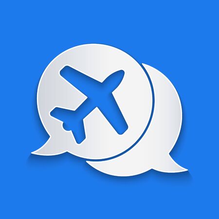 Paper cut Speech bubble with airplane travel icon isolated on blue background. Plane flight transport sign. Holidays symbol. Paper art style. Vector Illustrationのイラスト素材