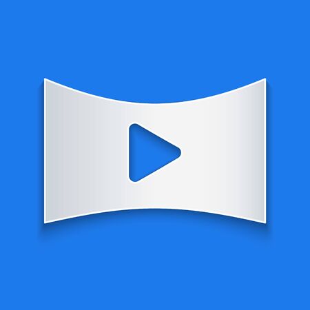 Paper cut Online play video icon isolated on blue background. Film strip with play sign. Paper art style. Vector Illustrationのイラスト素材