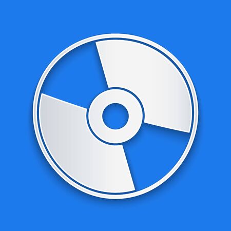 Paper cut CD or DVD disk icon isolated on blue background. Compact disc sign. Paper art style. Vector Illustrationのイラスト素材