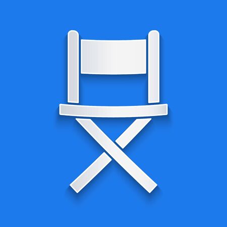 Paper cut Director movie chair icon isolated on blue background. Film industry. Paper art style. Vector Illustrationのイラスト素材