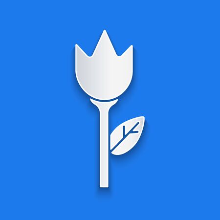 Paper cut Flower tulip icon isolated on blue background. Paper art style. Vector Illustrationのイラスト素材