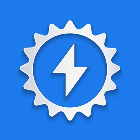 Paper cut Solar energy panel icon isolated on blue background. Sun with lightning symbol. Paper art style. Vector Illustrationのイラスト素材