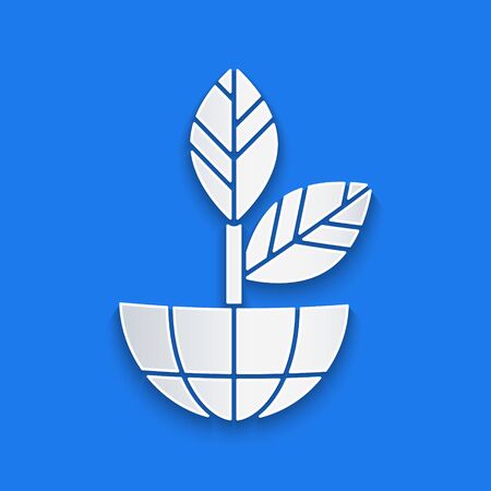 Paper cut Earth globe and plant icon isolated on blue background. World or Earth sign. Geometric shapes. Environmental concept. Paper art style. Vector Illustrationのイラスト素材