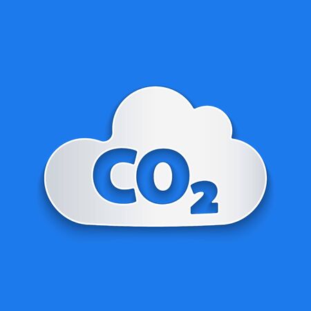 Paper cut CO2 emissions in cloud icon isolated on blue background. Carbon dioxide formula, smog pollution concept, environment concept. Paper art style. Vector Illustrationのイラスト素材