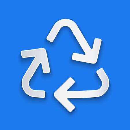 Paper cut Recycle symbol icon isolated on blue background. Circular arrow icon. Environment recyclable go green. Paper art style. Vector Illustrationのイラスト素材