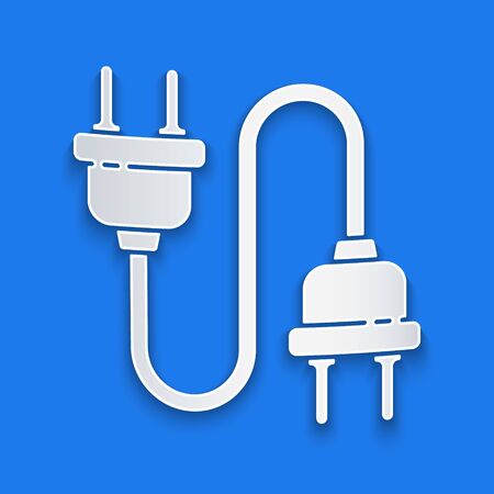 Paper cut Electric plug icon isolated on blue background. Concept of connection and disconnection of the electricity. Paper art style. Vector Illustrationのイラスト素材