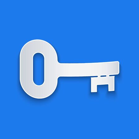 Paper cut Old key icon isolated on blue background. Paper art style. Vector Illustrationのイラスト素材