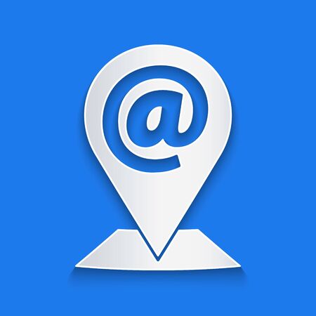Paper cut Location and mail and e-mail icon isolated on blue background. Envelope symbol e-mail. Email message sign. Paper art style. Vector Illustrationのイラスト素材