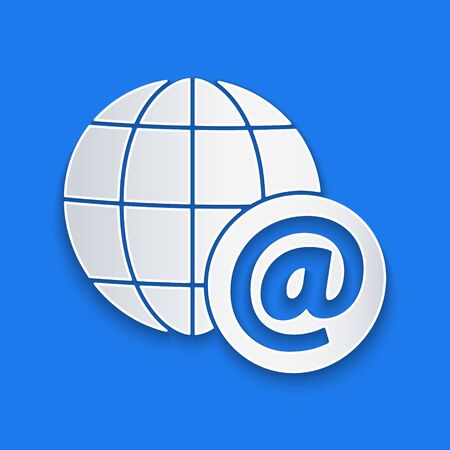Paper cut Earth globe with mail and e-mail icon isolated on blue background. Envelope symbol e-mail. Email message sign. Paper art style. Vector Illustrationのイラスト素材
