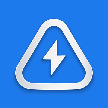 Paper cut High voltage icon isolated on blue background. Danger symbol. Arrow in triangle. Warning icon. Paper art style. Vector Illustrationのイラスト素材