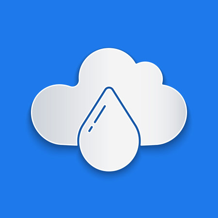 Paper cut Cloud with rain icon isolated on blue background. Rain cloud precipitation with rain drops. Paper art style. Vector Illustrationのイラスト素材