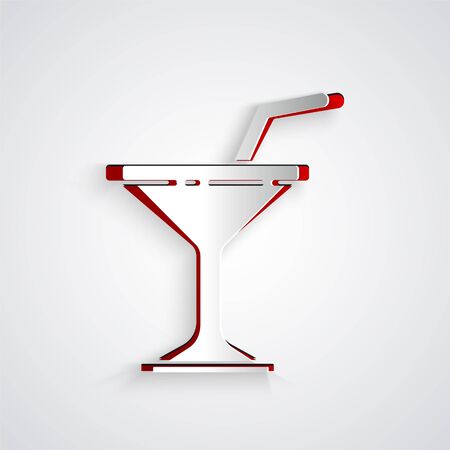 Paper cut Martini glass icon isolated on grey background. Cocktail icon. Wine glass icon. Paper art style. Vector Illustrationのイラスト素材