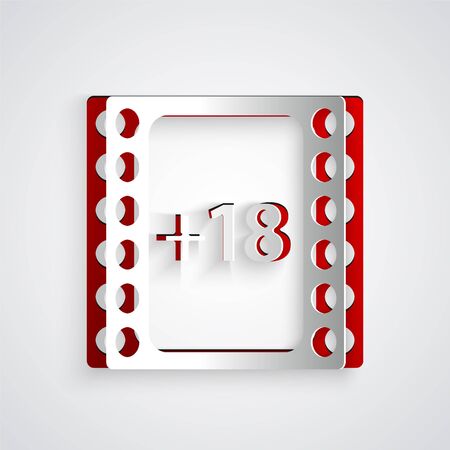 Paper cut Play Video with inscription 18 plus content icon isolated on grey background. Age restriction symbol. Adult channel. Paper art style. Vector Illustrationのイラスト素材