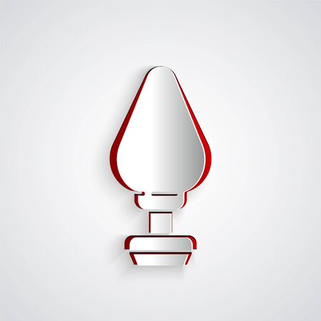 Paper cut Anal plug icon isolated on grey background. Butt plug sign. Fetish accessory. Sex toy for men and woman. Paper art style. Vector Illustrationのイラスト素材