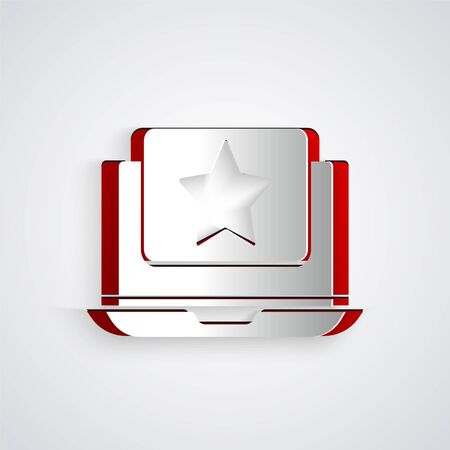 Paper cut Laptop with star icon isolated on grey background. Favorite, best rating, award symbol. Paper art style. Vector Illustrationのイラスト素材