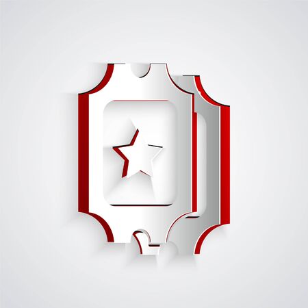 Paper cut Cinema ticket icon isolated on grey background. Paper art style. Vector Illustrationのイラスト素材