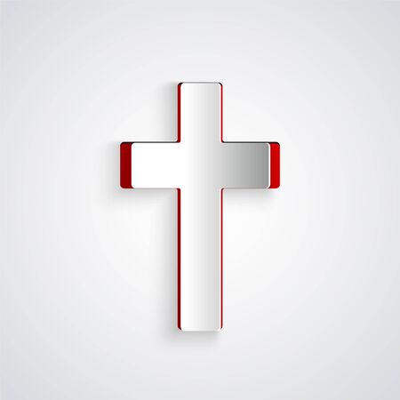 Paper cut Christian cross icon isolated on grey background. Church cross. Paper art style. Vector Illustrationのイラスト素材
