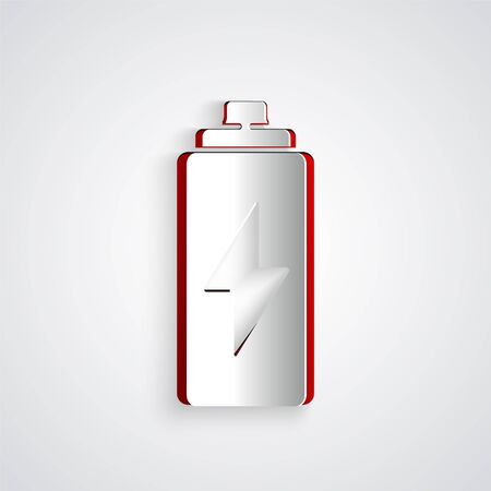 Paper cut Battery icon isolated on grey background. Lightning bolt symbol. Paper art style. Vector Illustrationのイラスト素材