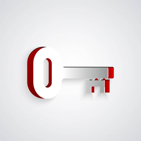 Paper cut Old key icon isolated on grey background. Paper art style. Vector Illustrationのイラスト素材