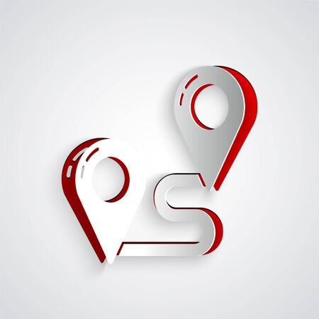 Paper cut Route location icon isolated on grey background. Map pointer sign. Concept of path or road. GPS navigator. Paper art style. Vector Illustrationのイラスト素材