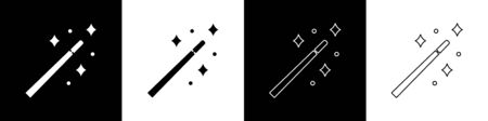 Set Magic wand icon isolated on black and white background. Star shape magic accessory. Magical power.  Vector Illustrationのイラスト素材
