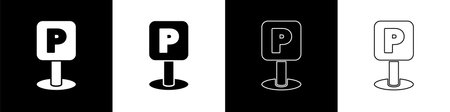 Set Parking icon isolated on black and white background. Street road sign. Vector Illustrationのイラスト素材