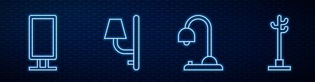 Set line Table lamp, Big full length mirror, Wall sconce and Coat stand. Glowing neon icon on brick wall. Vectorのイラスト素材