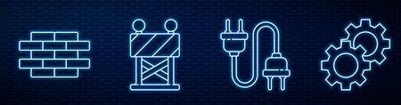 Set line Electric plug, Bricks, Road barrier and Gear. Glowing neon icon on brick wall. Vectorのイラスト素材
