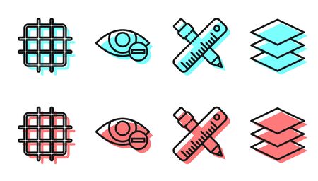 Set line Crossed ruler and pencil, Grid graph paper, Red eye effect and Layers icon. Vectorのイラスト素材