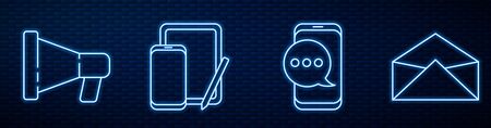 Set line Chat messages notification on phone, Megaphone, Phone and graphic tablet and Envelope. Glowing neon icon on brick wall. Vectorのイラスト素材