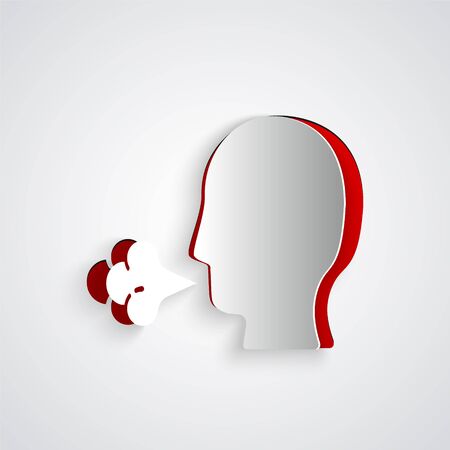 Paper cut Man coughing icon isolated on grey background. Viral infection, influenza, flu, cold symptom. Tuberculosis, mumps, whooping cough. Paper art style. Vector Illustration.のイラスト素材