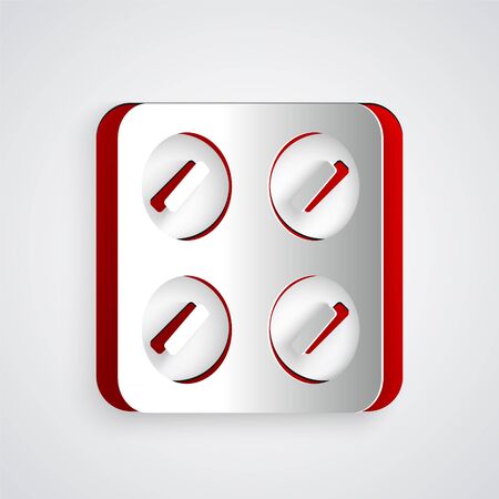 Paper cut Pills in blister pack icon isolated on grey background. Medical drug package for tablet, vitamin, antibiotic, aspirin. Paper art style. Vector Illustrationのイラスト素材