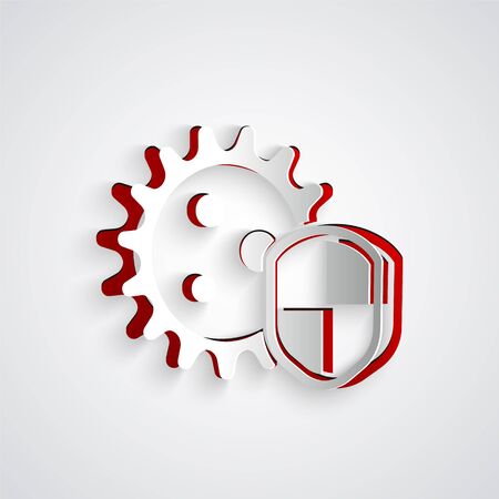 Paper cut Shield protecting from virus, germs and bacteria icon isolated on grey background. Immune system concept. Corona virus 2019-nCoV. Paper art style. Vector Illustrationのイラスト素材