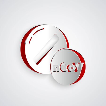 Paper cut Medicine pill or tablet icon isolated on grey background. Corona virus 2019-nCoV. Capsule pill and drug sign. Pharmacy design. Paper art style. Vector Illustrationのイラスト素材