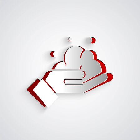 Paper cut Washing hands with soap icon isolated on grey background. Washing hands with soap to prevent virus and bacteria. Paper art style. Vector Illustrationのイラスト素材
