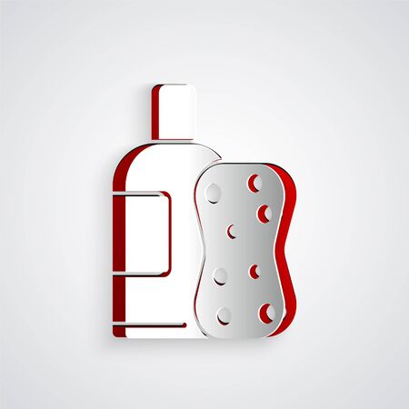 Paper cut Bottle of shampoo and sponge icon isolated on grey background. Paper art style. Vector Illustrationのイラスト素材