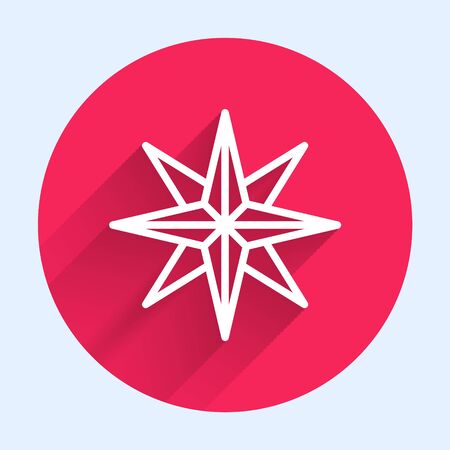 White line Wind rose icon isolated with long shadow. Compass icon for travel. Navigation design. Red circle button. Vector Illustrationのイラスト素材