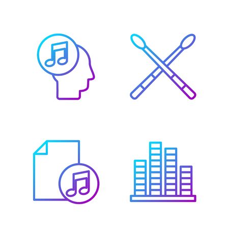 Set line Music equalizer, Music book with note, Musical note in human head and Drum sticks. Gradient color icons. Vectorのイラスト素材