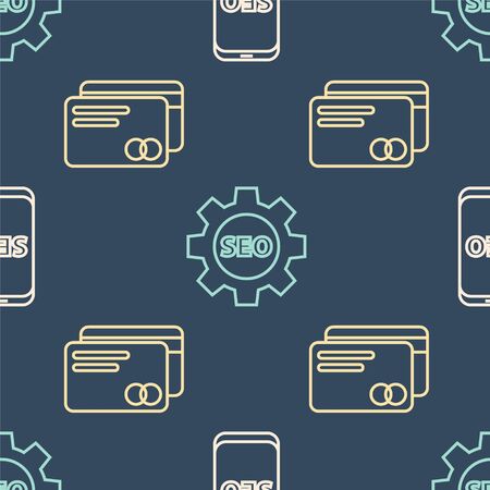 Set line Mobile phone SEO optimization, Credit card and Seo tag with gear wheel on seamless pattern. Vectorのイラスト素材