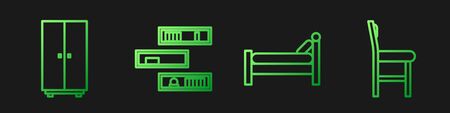 Set line Bed, Wardrobe, Shelf with books and Chair. Gradient color icons. Vectorのイラスト素材
