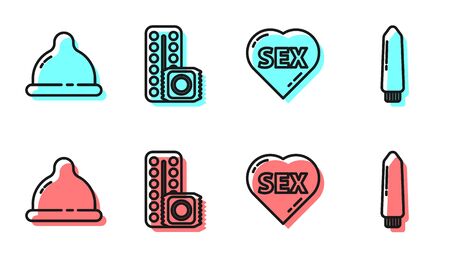 Set line Heart with text Sex, Condom, Birth control pills and condom and Dildo vibrator icon. Vectorのイラスト素材