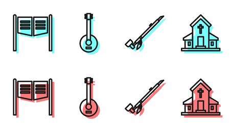 Set line Native American indian smoking pipe, Saloon door, Banjo and Church building icon. Vectorのイラスト素材