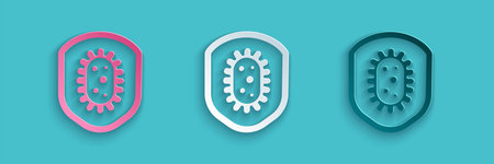Paper cut Shield protecting from virus, germs and bacteria icon isolated on blue background. Immune...