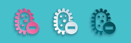 Paper cut Negative virus icon isolated on blue background. Corona virus 2019-nCoV. Bacteria and germs, cell cancer, microbe, fungi. Paper art style. Vector Illustrationのイラスト素材