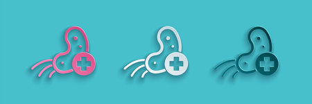 Paper cut Positive virus icon isolated on blue background. Corona virus 2019-nCoV. Bacteria and germs, cell cancer, microbe, fungi. Paper art style. Vector Illustrationのイラスト素材