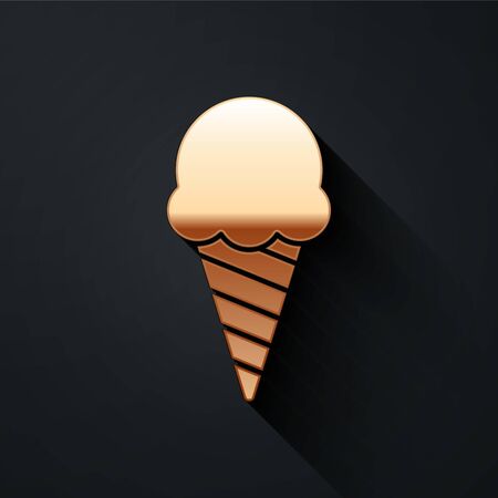 Gold Ice cream in waffle cone icon isolated on black background. Sweet symbol. Long shadow style. Vector Illustrationのイラスト素材