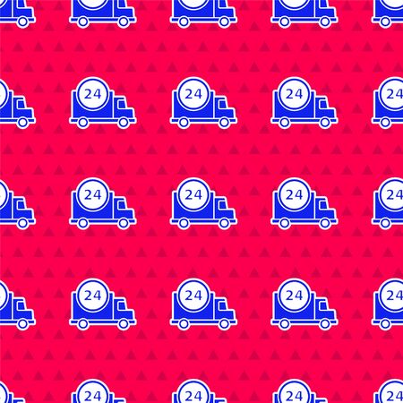 Blue Fast round the clock delivery by car icon isolated seamless pattern on red background. Vector Illustrationのイラスト素材