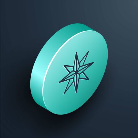 Isometric line Wind rose icon isolated on black background. Compass icon for travel. Navigation design. Turquoise circle button. Vector Illustrationのイラスト素材