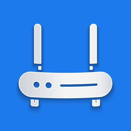 Paper cut Router and wifi signal icon isolated on blue background. Wireless  modem router. Computer technology internet. Paper art style. Vectorのイラスト素材