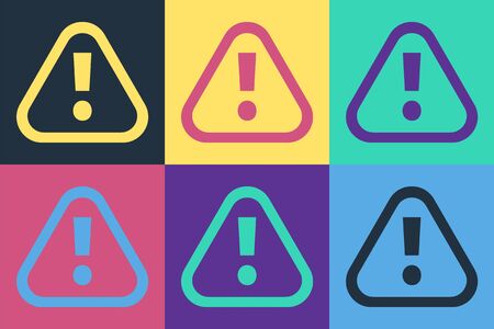 Pop art Exclamation mark in triangle icon isolated on color background. Hazard warning sign, careful, attention, danger warning important. Vectorのイラスト素材